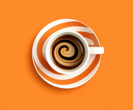 Cup of coffee on orange background. Top view. Vector illustrationの素材