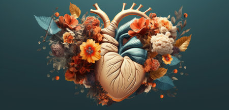 3D rendering of a human heart with a crown surrounded by flowersの素材