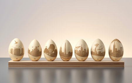 Easter eggs with city skyline on the background. 3D illustration.の素材
