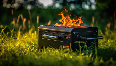 Barbeque grill on the grass in the garden at sunset.の素材
