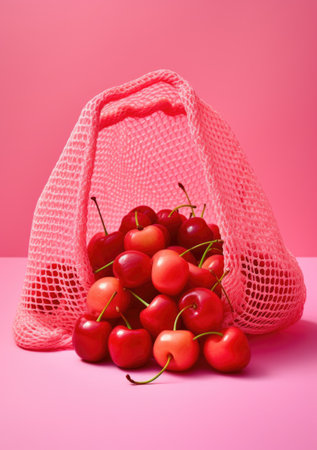 Ripe cherries in a mesh bag on a pink background.の素材