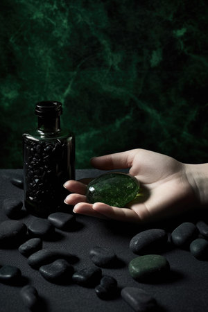 Hand holding a bottle of magic potion on a black background with stonesの素材