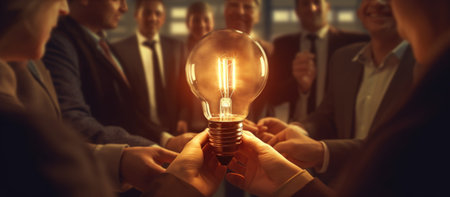 Group of business people holding lightbulb in their hands. Business idea concept.の素材