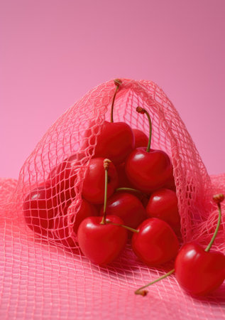 Cherries in a mesh bag on a pink background with copy spaceの素材