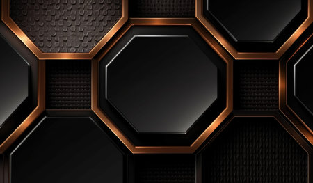 Black and orange metallic background with hexagons. 3d illustration.の素材