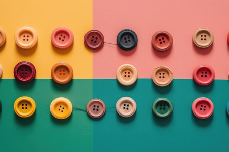 Colorful sewing buttons on colorful background. Flat lay, top viewの素材