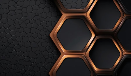 Black and orange hexagon background. 3d illustration. Honeycomb pattern.の素材
