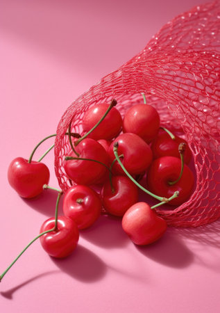 Cherries in a red mesh bag on a pink background.の素材