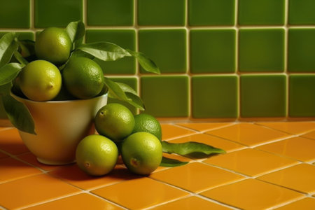 Limes in a bowl with leaves on a yellow tile background.の素材