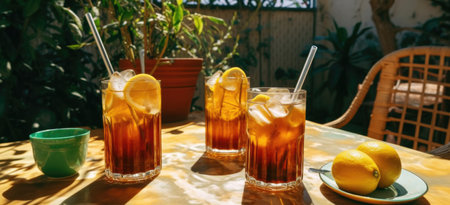 Two glasses of iced tea with lemon and straws on a table in the gardenの素材