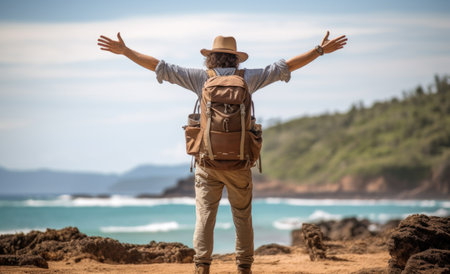 Hipster man with backpack standing on the beach and looking at the seaの素材
