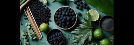 panoramic shot of black soybeans in bowl, chopsticks and lime on green backgroundの素材