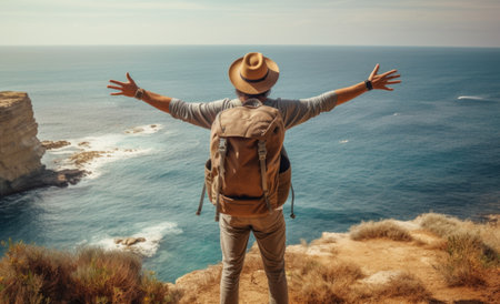 Man with a backpack standing on the top of the mountain and looking at the seaの素材