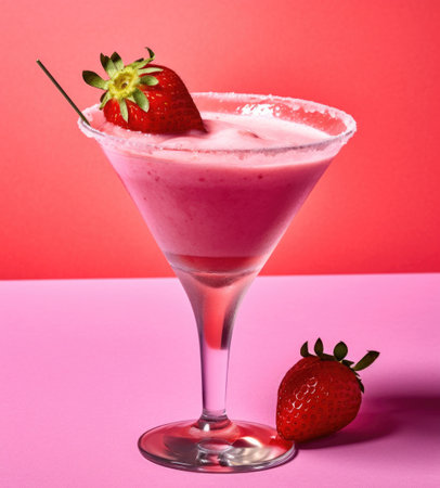 Strawberry milkshake in glass on pink and red backgroundの素材