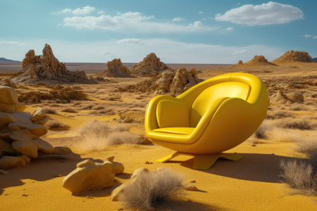 Yellow armchair in the desert. 3D render. Conceptual image.の素材