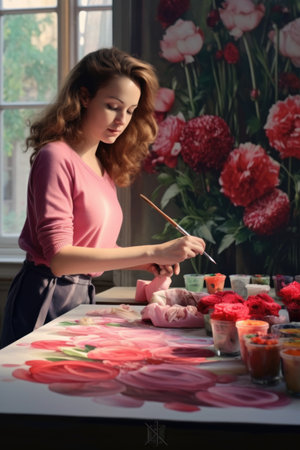 Beautiful young woman decorating cupcakes with red and pink flowers.の素材