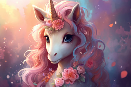 Magic unicorn with pink mane. Fantasy illustration. Digital painting.の素材