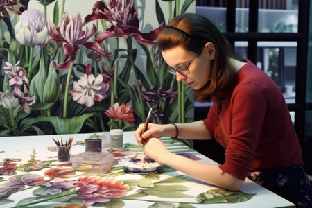Beautiful young woman painting with gouache on table in art studioの素材