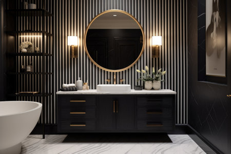 Bathroom interior with black and white walls, white marble floor, black double sink and round mirror. 3d renderingの素材