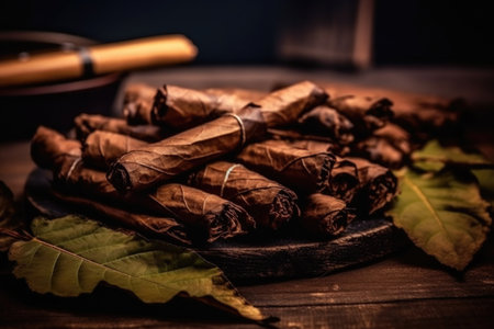 Cigar with leaves on a wooden table. Selective focus. Toned.の素材