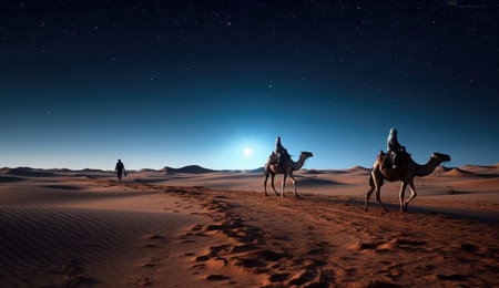 Camel caravan in the Sahara desert at night. 3d renderingの素材