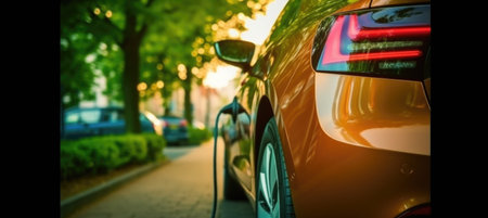 Close-up of an electric car charging on the street at sunsetの素材