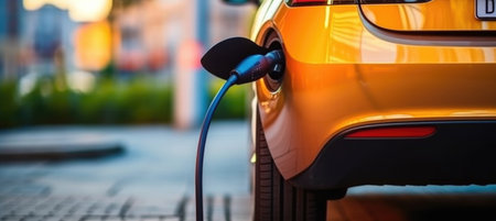 EV charging station for electric car in concept of green energy and eco power produced from sustainable source to supply to charger station in order to reduce CO2 emission.の素材