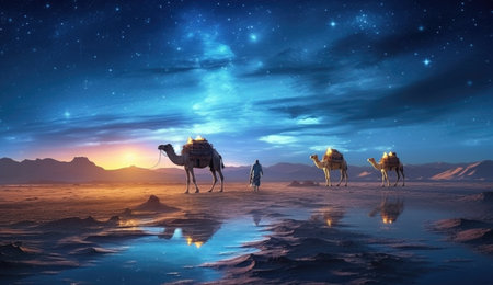 Camel caravan in desert at night. 3d render illustration.の素材
