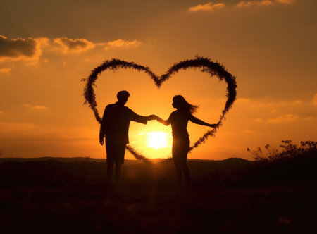 Silhouette of a loving couple holding hands at sunset background.の素材
