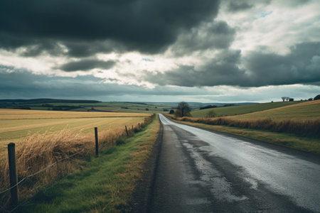 Country road in the countryside with stormy sky - retro vintage effectの素材