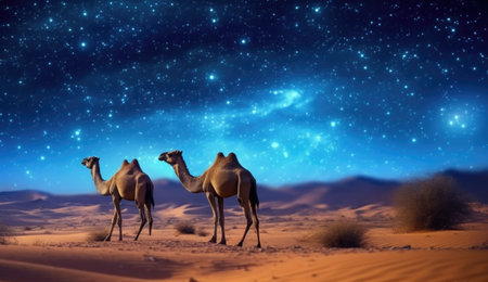 Three camels in the desert against starry sky. 3d renderingの素材