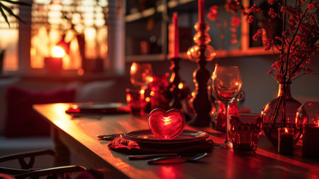 Valentines Day table setting with heart-shaped candlesticks, candles and wine glassの素材
