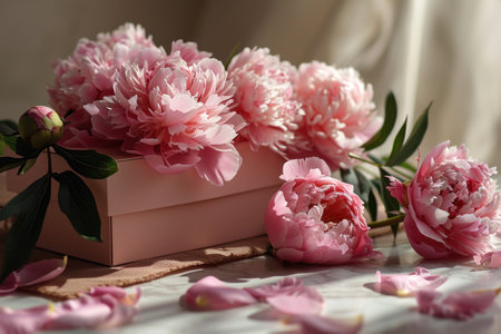 Pink peony flowers and gift box on white table. Selective focus.の素材
