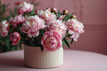 Beautiful peony flowers in vase on table, closeupの素材