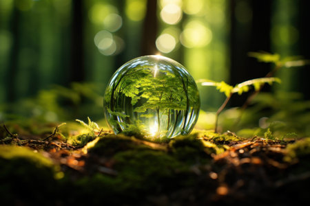Glass ball in the forest with bokeh background. Nature concept.の素材