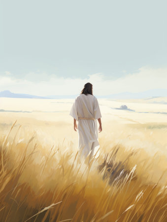 Rear view of a young woman standing on a wheat field looking at the horizonの素材