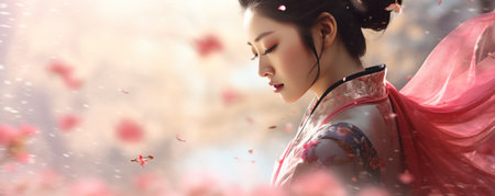 Beautiful asian woman in traditional kimono with cherry blossomの素材
