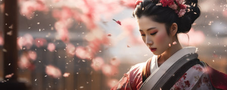 Beautiful asian woman in kimono with cherry blossomの素材