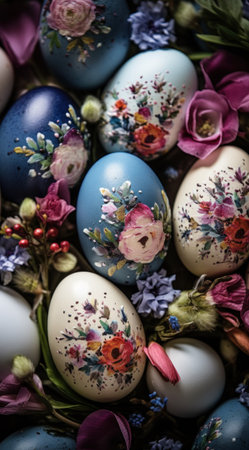 Easter eggs with floral pattern in the nest. Colorful Easter eggs with flowers.の素材