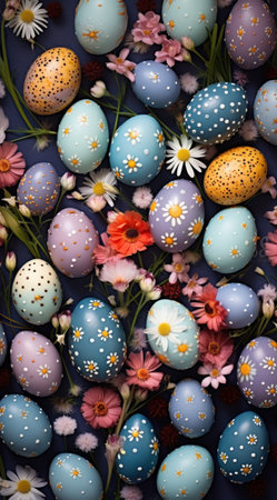Colorful easter eggs and flowers on blue background. Top view.の素材