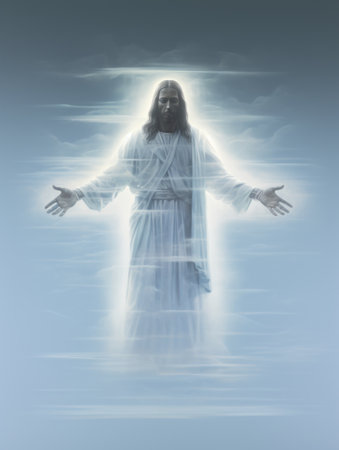 Jesus Christ in the sky, 3d digitally rendered illustration on white backgroundの素材