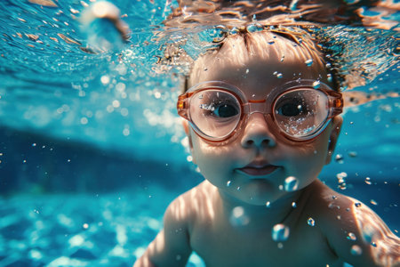 Cute little boy swimming underwater in swimming pool with glasses and toyの素材