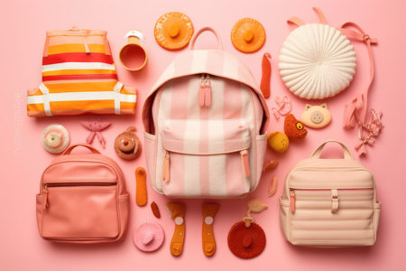 Top view of children's accessories on pink background. Flat lay.の素材