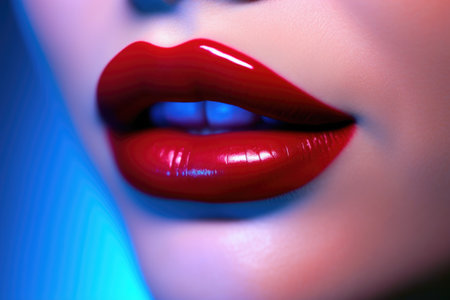 Close-up portrait of a beautiful woman's lips with red lipstick.の素材