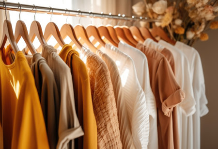 Women's clothing on hangers in modern dressing room, closeupの素材