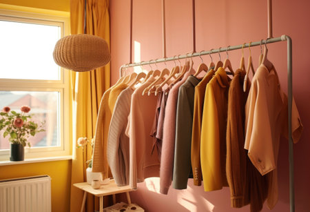 Wardrobe with different clothes on hangers in room, closeupの素材