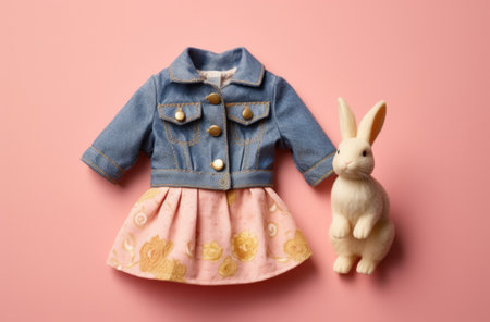 Easter bunny and denim jacket on a pink background. Top view.の素材