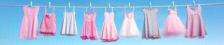 Pink and white dresses hanging on clothesline against blue sky, bannerの素材