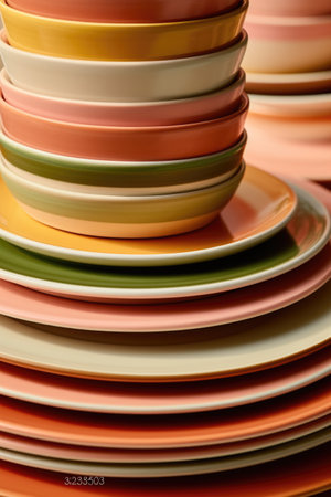 Stack of colorful ceramic plates. Selective focus. Abstract background.の素材