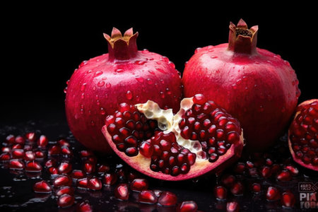 Ripe pomegranate fruit on a black background with water dropsの素材